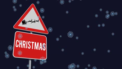 Animation-of-snow-falling-over-christmas-road-sign-on-black-background