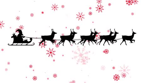 Animation-of-santa-claus-in-sleigh-with-reindeer-over-snowflake-on-white-background