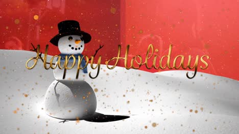 Animation-of-happy-holidays-text-over-snowman-and-snow-falling