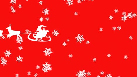 Animation-of-santa-claus-in-sleigh-with-reindeer-over-snowflakes-on-red-background
