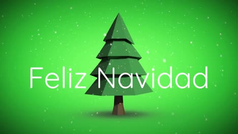 Animation-of-feliz-navidad-text-over-christmas-tree-and-snow-falling-on-green-background