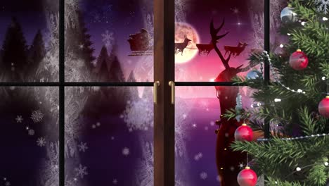Animation-Einer-Winterweihnachtsszene-Mit-Weihnachtsmannschlitten-Und-Rentieren,-Die-Durch-Das-Fenster-Gesehen-Werden