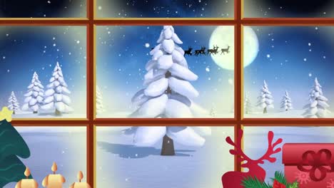 Animation-Einer-Winterlichen-Weihnachtsszene-Mit-Weihnachtsmannschlitten,-Der-Durch-Das-Fenster-Gesehen-Wird