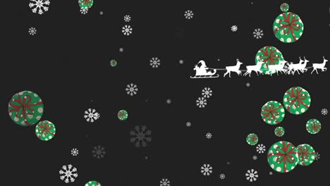 Animation-of-santa-claus-in-sleigh-with-reindeer-over-snowflakes-on-black-background