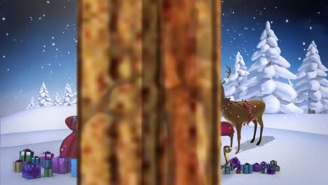 Animation-of-winter-christmas-scene-with-waving-santa-and-reindeer-seen-through-window
