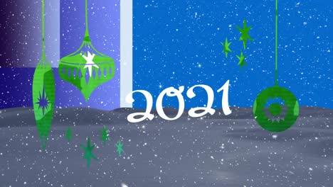 Animation-of-2021,-baubles-and-falling-snow-over-blue-background