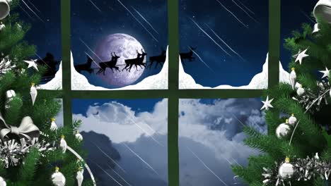 Animation-Einer-Winterlichen-Weihnachtsszene-Mit-Weihnachtsbaum-Und-Weihnachtsmannschlitten-Durch-Das-Fenster