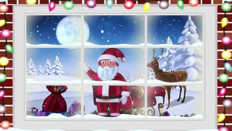 Animation-Einer-Winterlichen-Weihnachtsszene-Mit-Dem-Weihnachtsmann,-Der-Durch-Das-Fenster-Gesehen-Wird