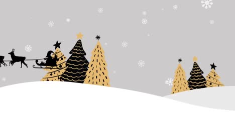 Animation-of-santa-claus-in-sleigh-with-reindeer-over-snowflakes-and-fir-trees-on-grey-background