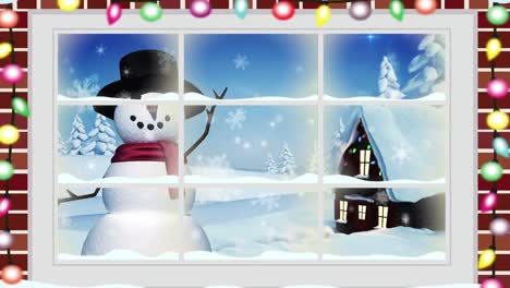 Animation-of-winter-christmas-scene-with-house-and-waving-snowman-seen-through-window