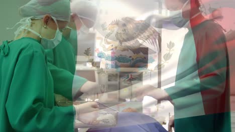 Animation-of-flag-of-mexico-over-surgeons-in-operating-theatre