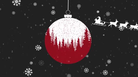 Animation-Des-Weihnachtsmanns-Im-Schlitten-Mit-Rentieren-über-Christbaumkugel-Und-Fallendem-Schnee
