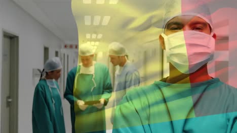 Animation-of-flag-of-romania-waving-over-surgeons-in-hospital-corridor