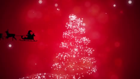 Animación-De-Santa-Claus-En-Trineo-Sobre-Estrella-Fugaz-Y-Nieve-Cayendo-Sobre-Fondo-Rojo