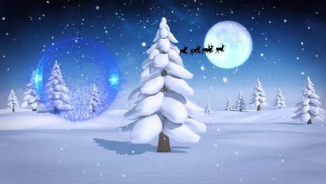 Animation-of-santa-sleigh-and-christmas-bauble-over-winter-landscape