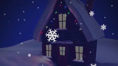 Animation-Von-Schnee,-Der-über-Ein-Weihnachtlich-Geschmücktes-Haus-Mit-Lichterketten-In-Einer-Winterlandschaft-Fällt