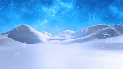 Animation-Von-Weihnachtsformen-Und-Schnee,-Der-über-Die-Winterlandschaft-Fällt