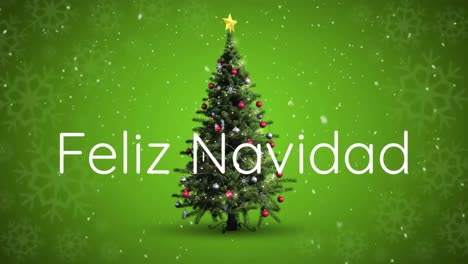 Animation-Von-Feliz-Navidad-Text-über-Weihnachtsbaum-Und-Schnee,-Der-Auf-Grünen-Hintergrund-Fällt