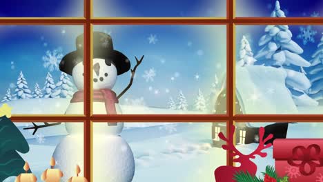 Animation-Einer-Winterlichen-Weihnachtsszene-Mit-Haus-Und-Schneemann,-Die-Durch-Das-Fenster-Gesehen-Werden