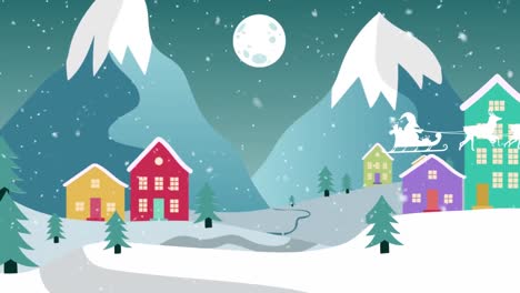 Animation-of-santa-claus-in-sleigh-with-reindeer-over-houses-and-winter-landscape