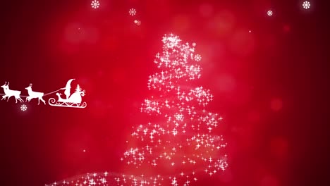 Animación-De-Santa-Claus-En-Trineo-Sobre-Estrella-Fugaz-Y-Nieve-Cayendo-Sobre-Fondo-Rojo