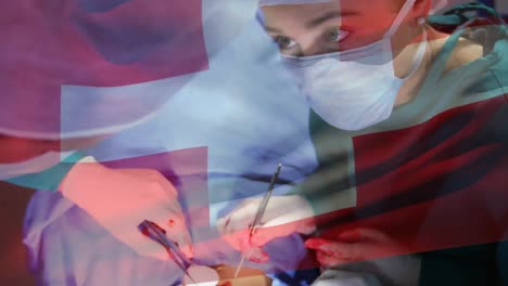 Animation-of-flag-of-switzerland-over-surgeons-in-operating-theatre