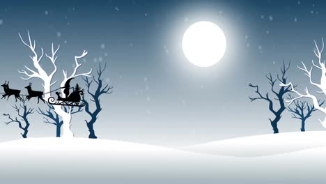 Animation-Des-Weihnachtsmanns-Im-Schlitten-Mit-Rentieren-über-Fallendem-Schnee-Und-Winterlandschaft
