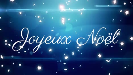 Animation-Von-Joyeux-Noel-Text-über-Schnee,-Der-Auf-Blauen-Hintergrund-Fällt