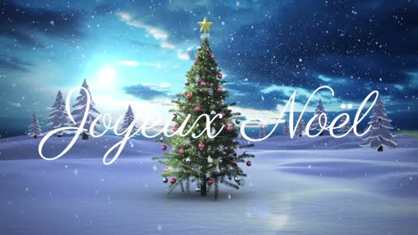 Animation-Von-Joyeux-Noel-Text-über-Weihnachtsbaum-Und-Schnee,-Der-über-Die-Winterlandschaft-Fällt