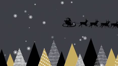 Animation-of-santa-claus-in-sleigh-with-reindeer-over-fir-trees-and-falling-snow