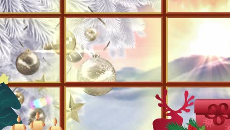Animation-Einer-Winterlichen-Weihnachtsszene-Mit-Weihnachtsbaum,-Der-Durch-Das-Fenster-Gesehen-Wird