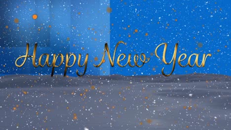 Animation-of-new-year-greetings-and-golden-dots-falling-on-blue-background