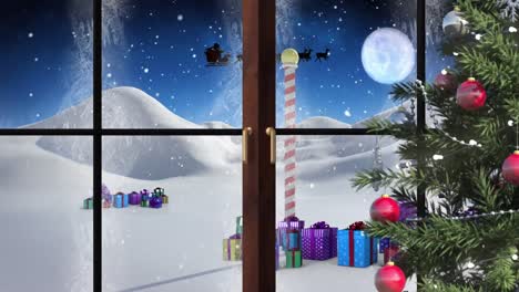 Animation-of-winter-christmas-scene-with-christmas-tree-and-santa-sleigh-seen-through-window