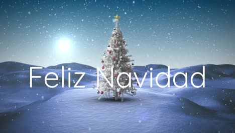Animation-of-feliz-navidad-text-over-christmas-tree-and-snow-falling-in-winter-scenery
