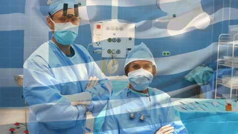 Animation-of-flag-of-greece-waving-over-surgeons-in-operating-theatre