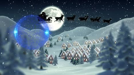 Animation-of-santa-sleigh-and-christmas-bauble-over-winter-landscape