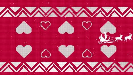 Animation-of-santa-claus-in-sleigh-with-reindeer-over-hearts-on-red-background