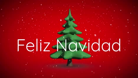 Animation-of-feliz-navidad-text-over-christmas-tree-and-snow-falling-on-red-background