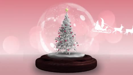 Animation-of-santa-claus-in-sleigh-with-reindeer-over-snow-globe-on-red-background