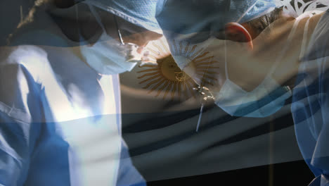 Animación-De-La-Bandera-De-Argentina-Sobre-Cirujanos-En-Quirófano