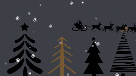 Animation-of-santa-claus-in-sleigh-with-reindeer-over-fir-trees-and-falling-snow-on-grey-background