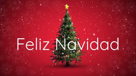 Animation-Von-Feliz-Navidad-Text-über-Weihnachtsbaum-Und-Schnee,-Der-Auf-Roten-Hintergrund-Fällt