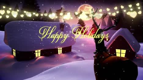 Animation-of-santa-sleigh-and-christmas-greeting-and-lights-over-winter-landscape