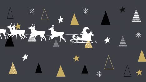 Animation-of-santa-claus-in-sleigh-with-reindeer-over-stars-and-christmas-tree-texture