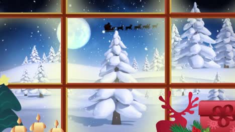 Animation-Einer-Winterlichen-Weihnachtsszene-Mit-Weihnachtsmannschlitten,-Der-Durch-Das-Fenster-Gesehen-Wird