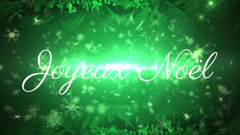 Animation-of-joyeux-noel-text-over-snow-falling-on-green-background