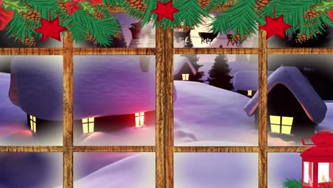 Animation-of-winter-landscape,-houses-and-santa-sleigh-seen-through-window