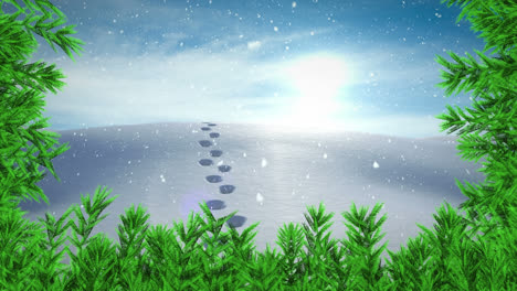 Animation-Von-Spuren-Und-Schnee,-Der-über-Die-Winterlandschaft-Fällt