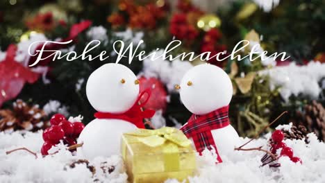 Animation-of-german-christmas-greetings-text-over-snowman-christmas-decorations