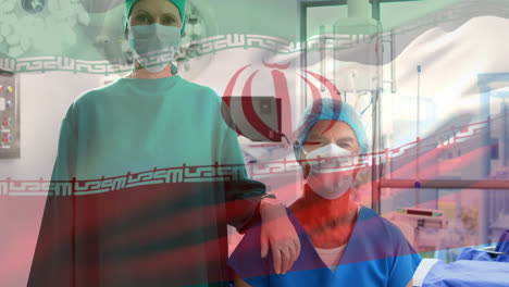 Animation-of-flag-of-iran-waving-over-surgeons-in-face-masks